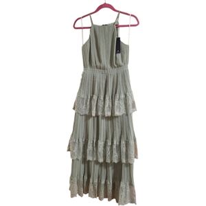Lulu's XS Came For Cocktails Sage Green Pleated Tiered Lace Maxi Dress Nwt
